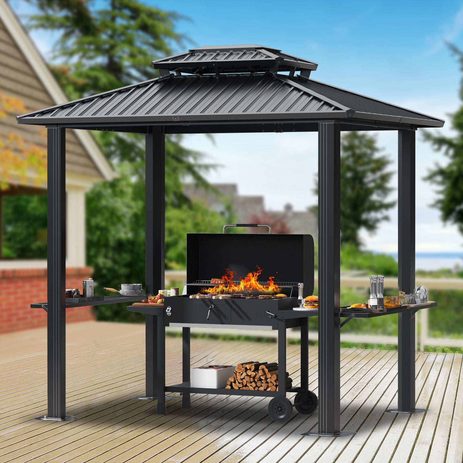 HOTEEL 6x8 FT Hardtop Grill Gazebo with Vented Double Roof, Galvanized Steel Sun & Rain Shelter, Rust-Resistant Aluminum BBQ Gazebo for Outdoor Cooking, Patio, Backyard (Black)