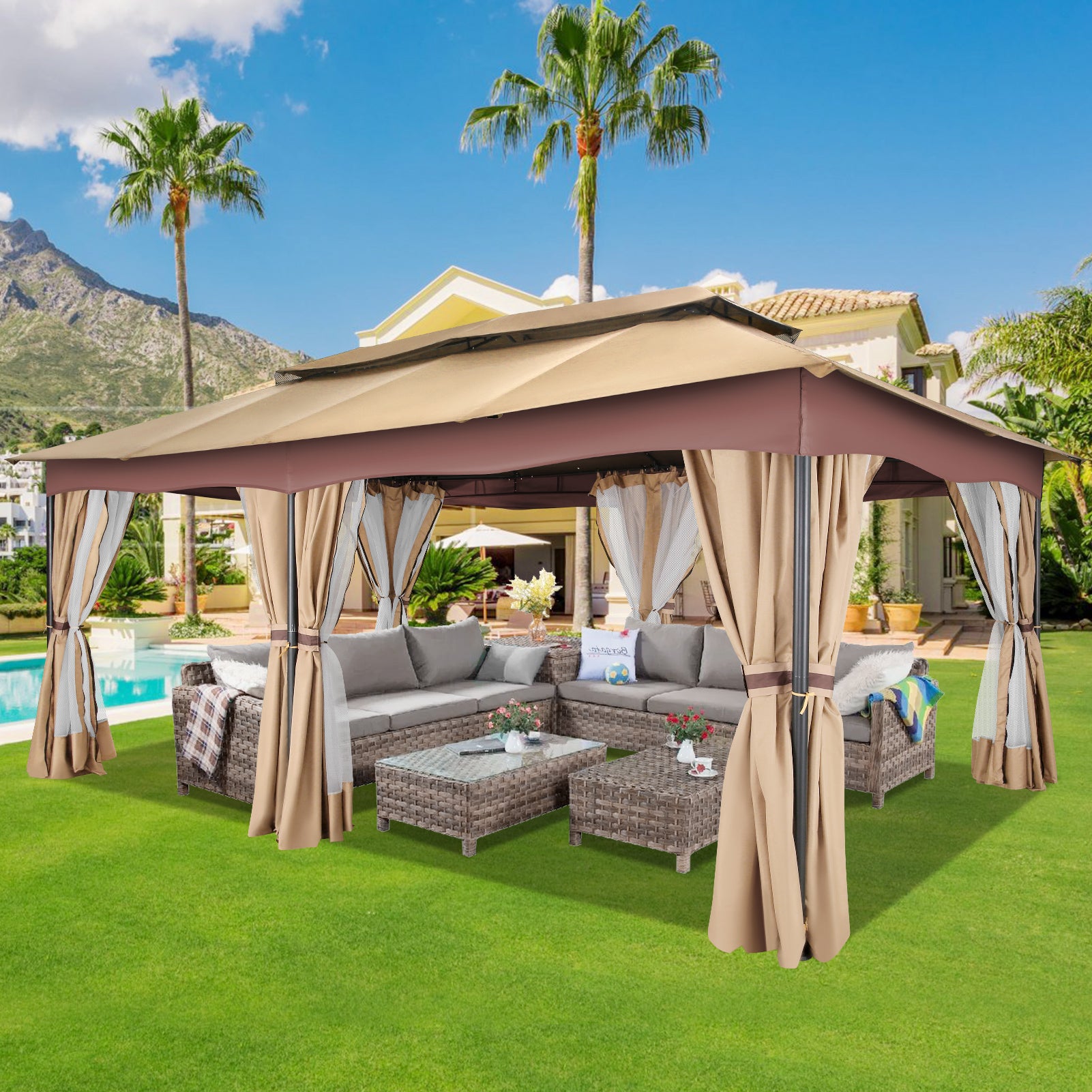 COBIZI 12'x20' Patios Gazebos with 4 Sidewalls & Double Soft Roof, Khaki SPC307