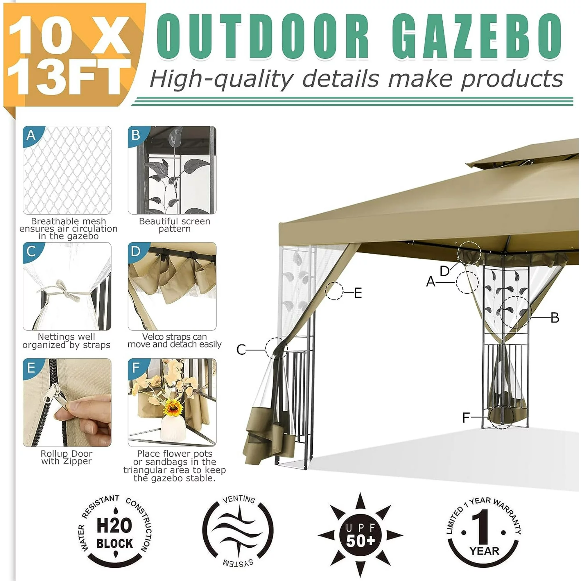 COBIZI 10' x 13' Pop Up Gazebo, Outdoor Steel Double Roof Canopy, Metal Frame Pavilion with Mosquito Netting, Sunshade for Garden, Patio, Lawns, Gray