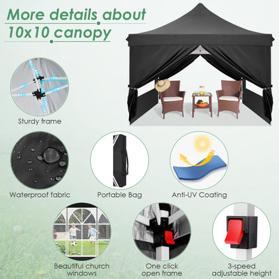Hoteel 10x10 Pop up Canopy Tent Commercial Instant Canopy with 4 Sidewalls & Sandbags, UPF 50+ All Season Portable Tent for Parties Beach Camping Party Event Shelter Sun Shade