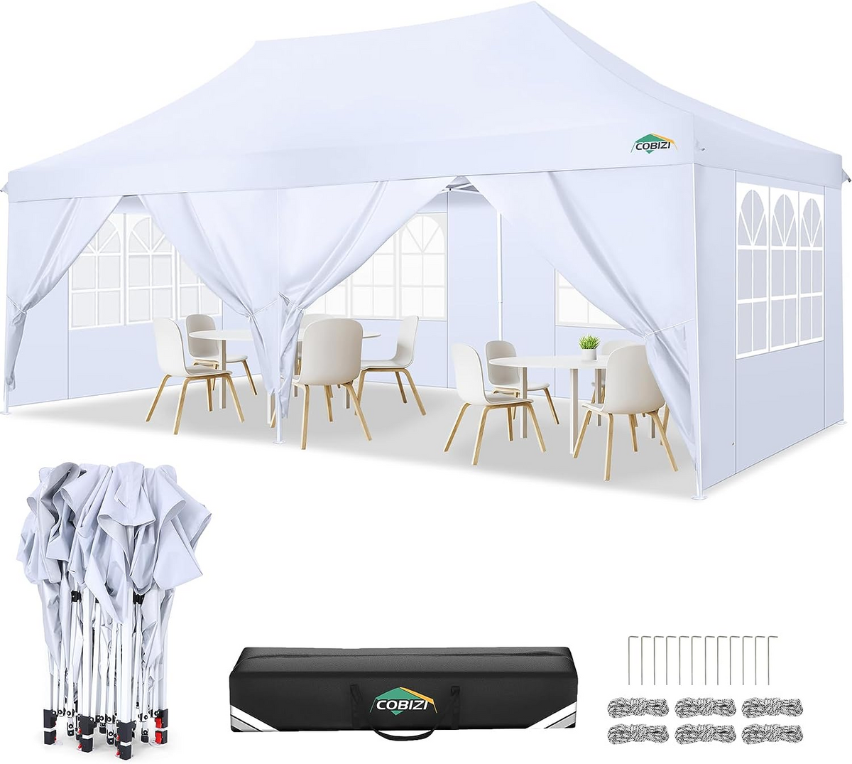 COBIZI 10x20ft Pop Up Canopy Tent with 6 Removable Sidewalls, Easy Up Commercial Canopy, Waterproof and UV50+ Gazebo with Portable Bag, Adjustable Leg Heights,Party Tents for Parties