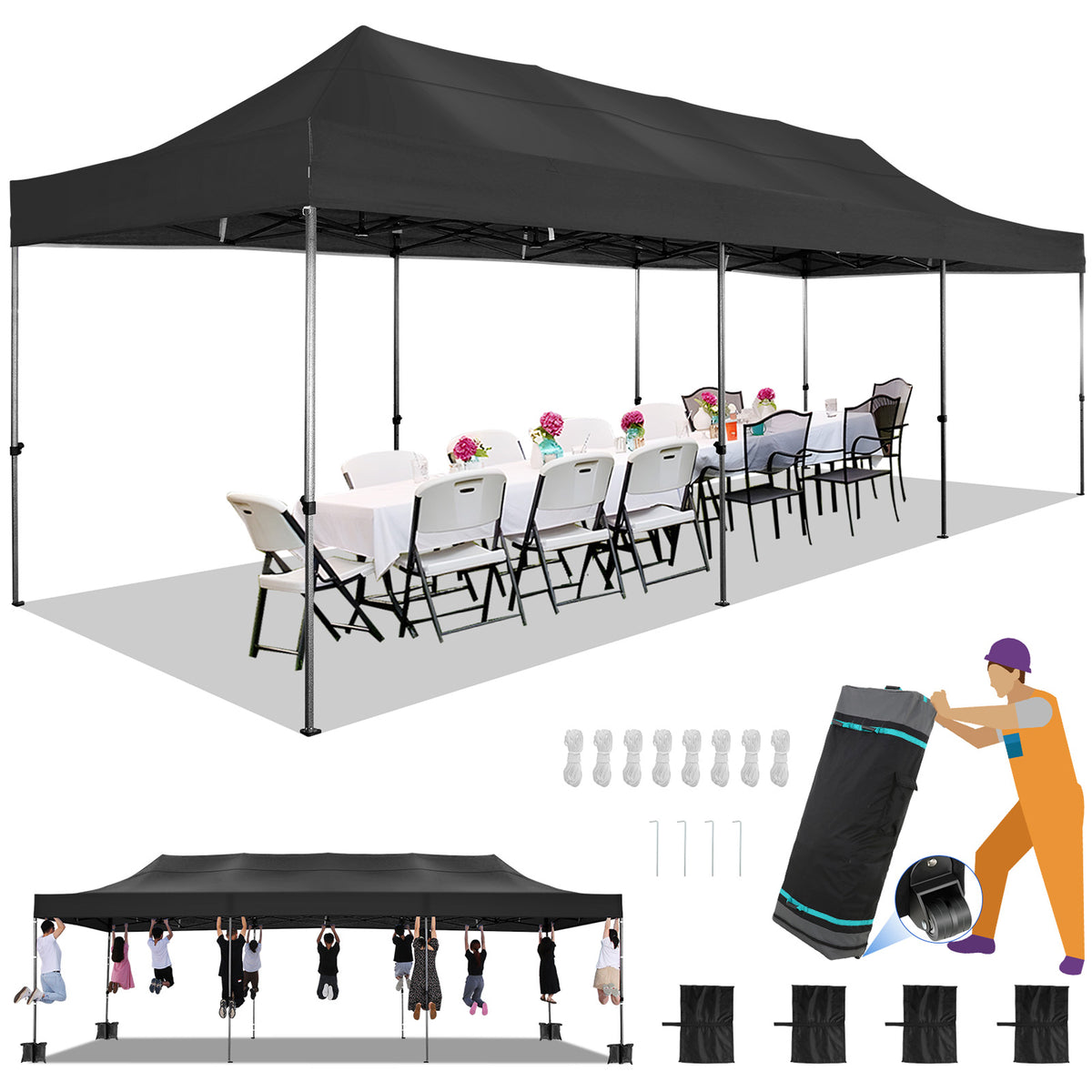 HOTEEL 10x30 Pop Up Canopy, Heavy Duty Canopy UPF 50+ All Season Wind Waterproof Commercial Outdoor Wedding Party Tents Gazebo with Roller Bag, Dark Blue