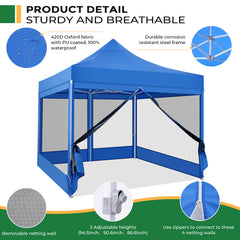 COBIZI 10'x10' Heavy Duty Canopy Tent, Pop up Gazebo with Netting Screened ,Waterproof Ez up Canopy with Sidewalls, Outdoor Instant Party Tent for Backyard,Blue