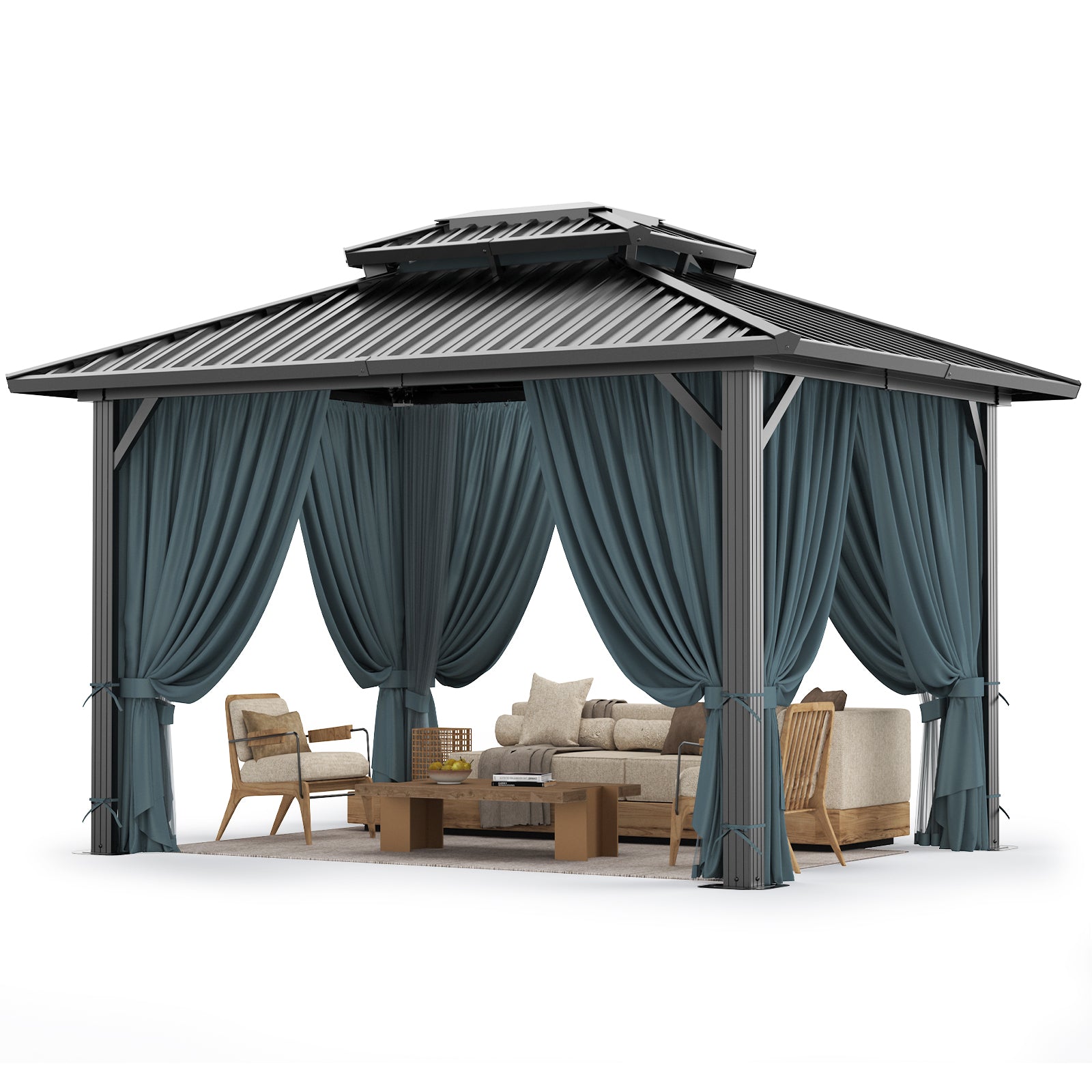 Hoteel 10' x 12' Hardtop Gazebo Heavy Duty Outdoor Gazebo with Galvanized Steel Double Roof, Flame-Retardant Curtains and Netting, Permanent Gazebo for Patio, Lawn and Backyard, Black