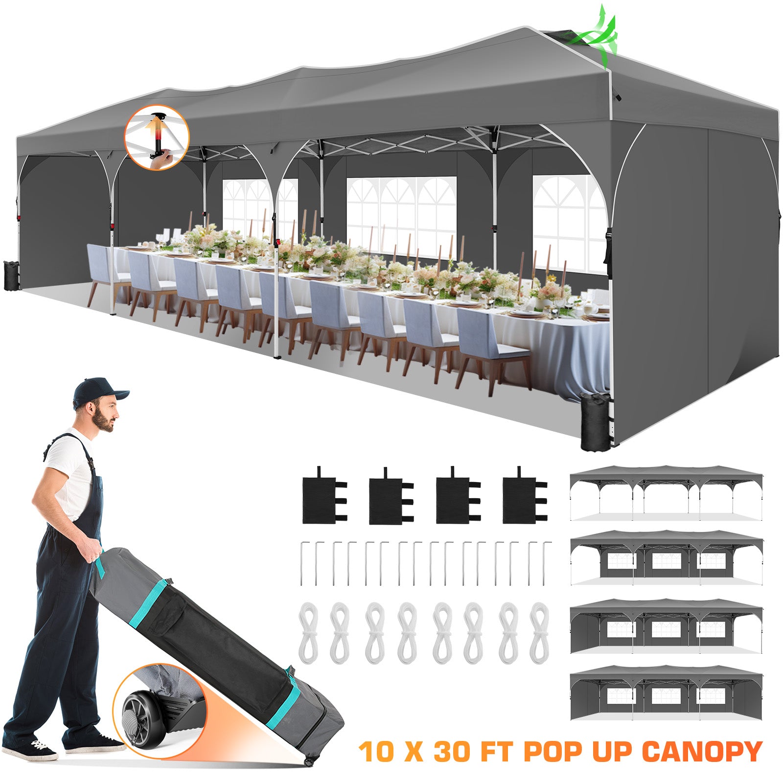 COBIZI 10'x10'/10'x20'/10'x30' Pop Up Canopy Tent with 4 Sidewalls, One-Push Center Lock, UPF 50+ Waterproof Easy Up Gazebo,Outdoor Sun Shelte SPC000142x