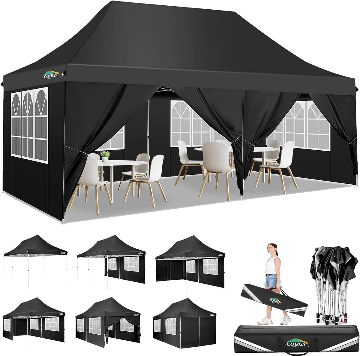 COBIZI 10x20ft Pop Up Canopy Tent with 6 Removable Sidewalls, Easy Up Commercial Canopy, Waterproof and UV50+ Gazebo with Portable Bag, Adjustable Leg Heights,Party Tents for Parties