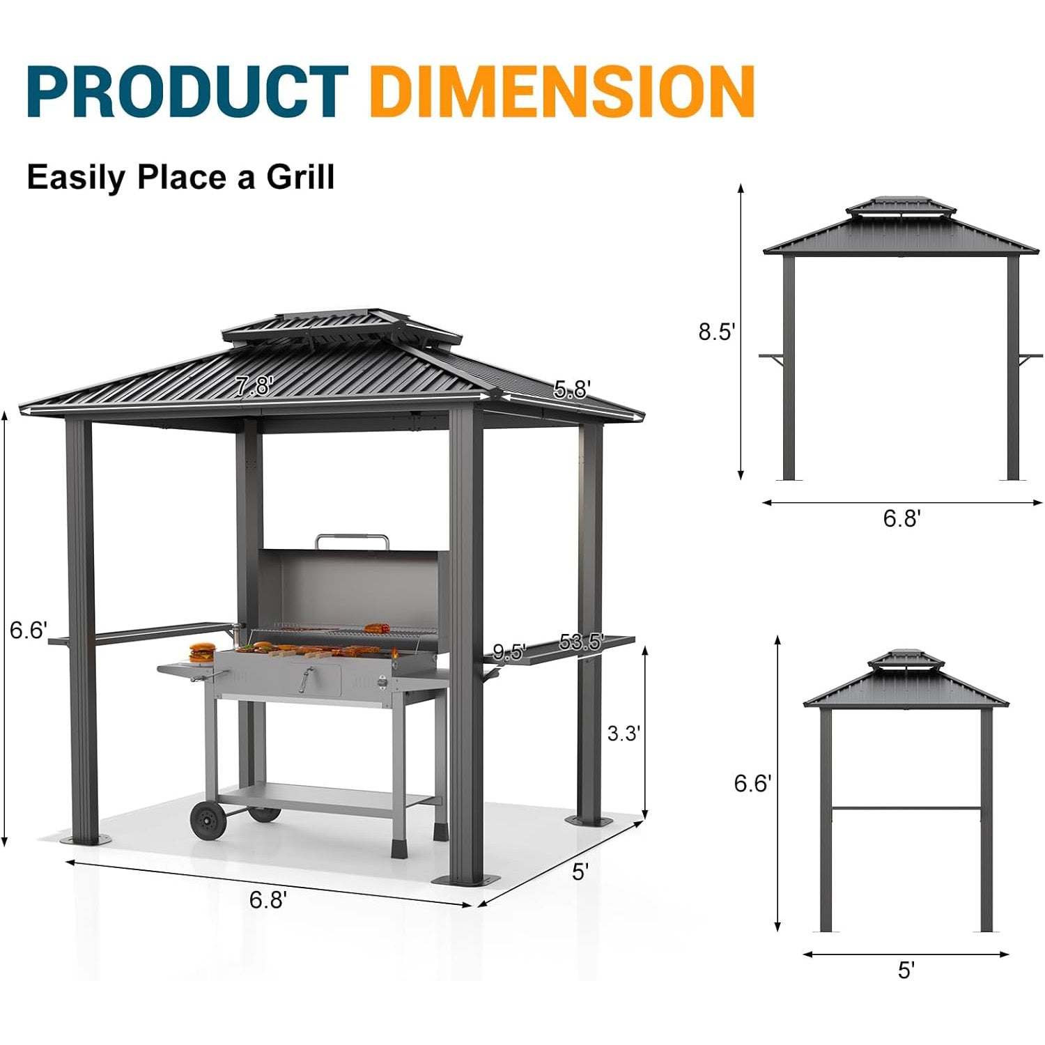 6' x 8' hardtop grill gazebo with vented double roof, galvanized steel sun and rain shelter, rust-resistant aluminum barbecue gazebo for outdoor cooking, patio, backyard