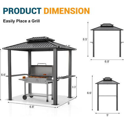 6' x 8' hardtop grill gazebo with vented double roof, galvanized steel sun and rain shelter, rust-resistant aluminum barbecue gazebo for outdoor cooking, patio, backyard