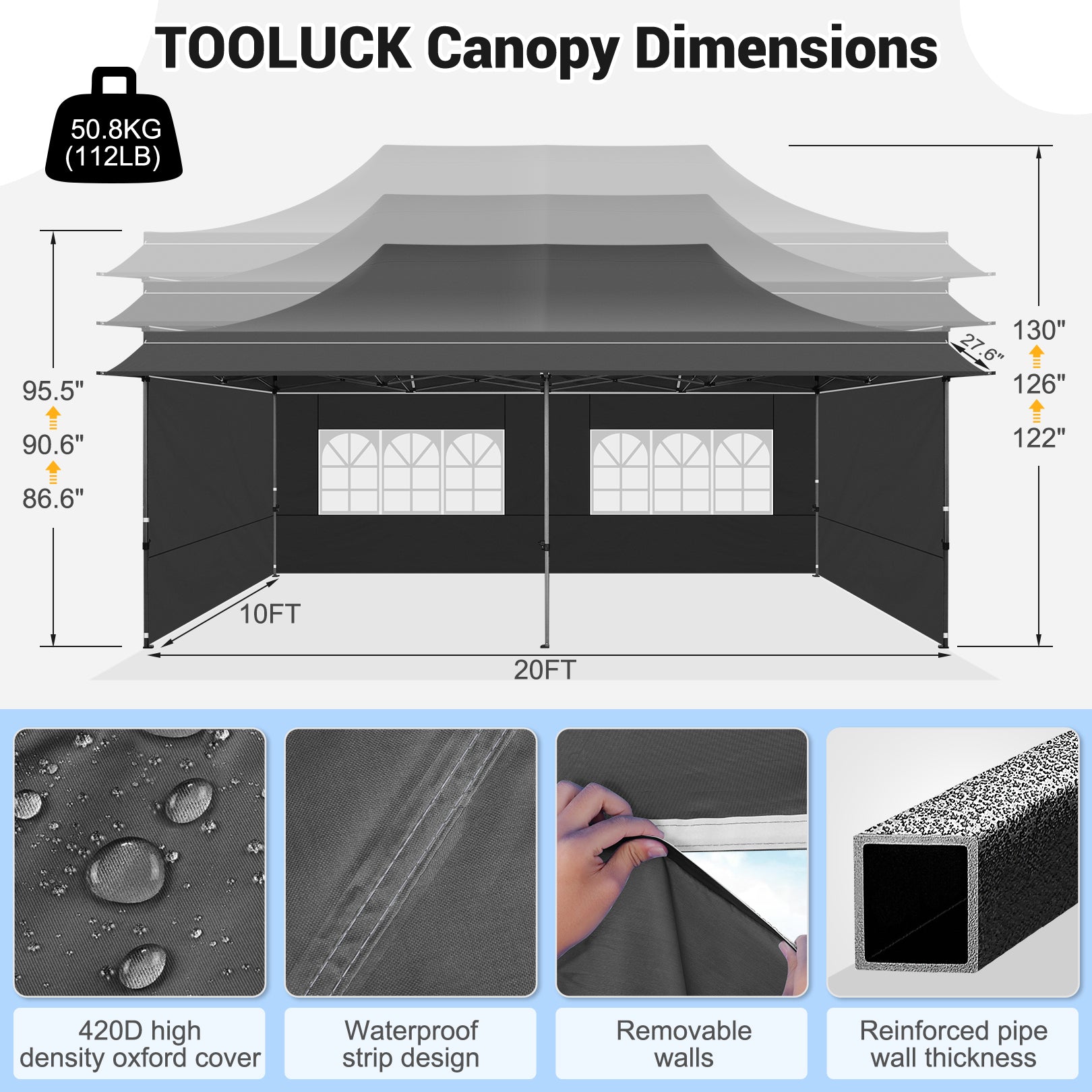 COBIZI 10X20 ft Canopy with Extended Awning, Heavy Duty EZ Pop up Folding Canopy Tent with Roller Bag, Rainproof&Sunproof Awning Gazebo Shelter for Party Events, Market, Vendor