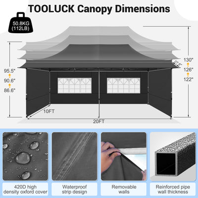 COBIZI 10X20 ft Canopy with Extended Awning, Heavy Duty EZ Pop up Folding Canopy Tent with Roller Bag, Rainproof&Sunproof Awning Gazebo Shelter for Party Events, Market, Vendor