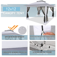COBIZI 12'x12' Gazebo Tent Outdoor Pop up Gazebo Canopy Shelter with Mosquito Netting, Gray