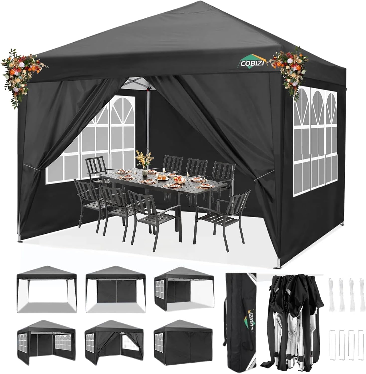 COBIZI 10'x10' Pop up & Protable Canopy Tent with 6 Sidewall & Carry Bag, Black SPC202