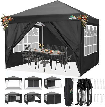 COBIZI 10'x10' Pop up & Protable Canopy Tent with 6 Sidewall & Carry Bag, Black SPC202