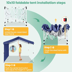 COBIZI 10'x10' Carport Canopy Tent with 1 Sidewall, 3 Adjustable Height Portable Garage, Instant Outdoor Carports with 8 Stakes, 4 Sandbags & Ropes for Motorcycle, Garden Tool, Commercial, Dark Blue