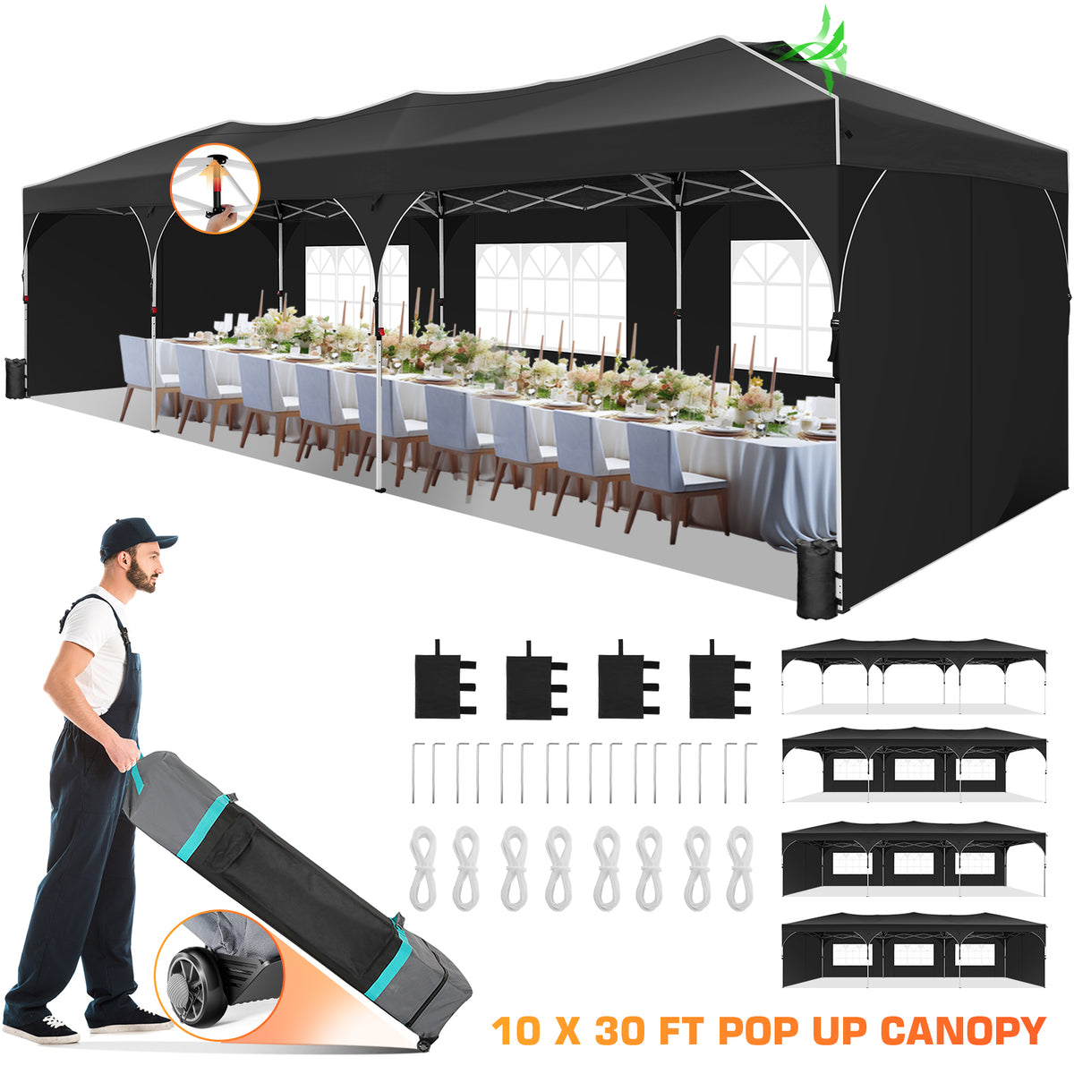 COBIZI 10x10 Ez Pop Up Canopy Tent, Commercial Instant Gazebo Tents for Parties, Waterproof Adjustable Outdoor Patio Backyard Canopy Party Tent,Black