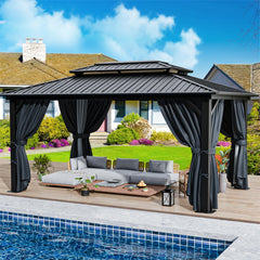 HOTEEL 10'x15' Hardtop Gazebo, Outdoor Steel Double Galvanized Roof Canopy, Aluminum Frame Permanent Pavilion Metal Gazebo with Curtains and Nettings, Sunshade for Patios, Gardens, Lawns, Black