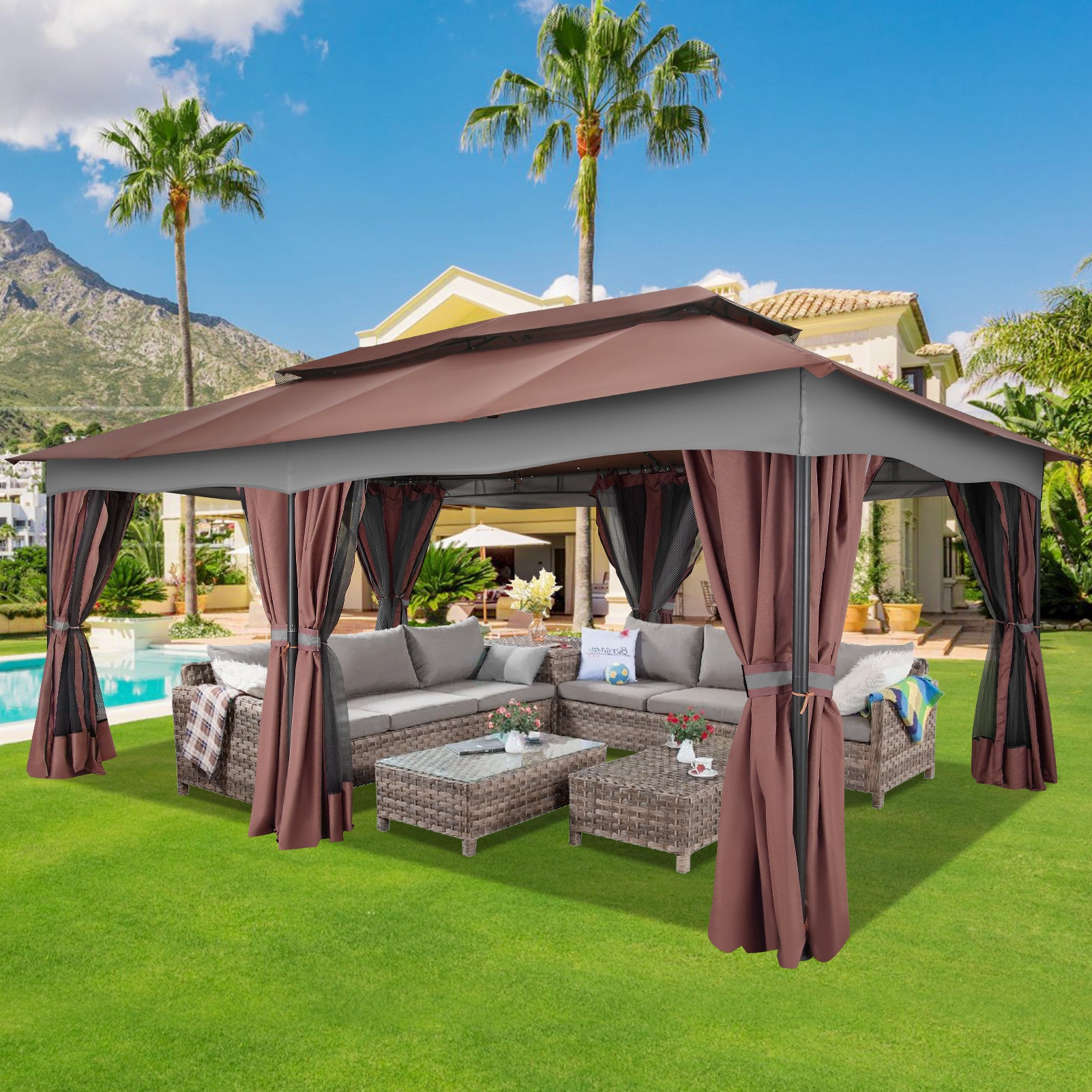 COBIZI 12'x20' Patios Gazebos with 4 Sidewalls & Double Soft Roof, Khaki SPC307