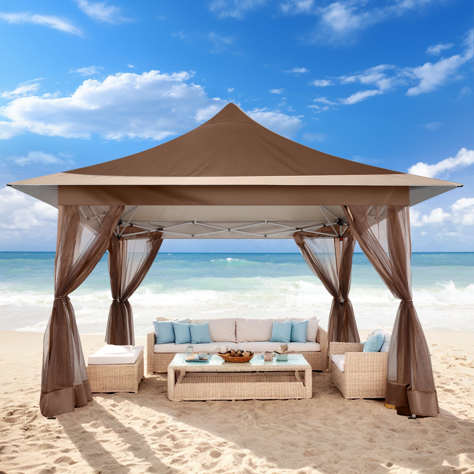 HOTEEL 12x12 Outdoor Waterproof Gazebo, Pop Up Canopy Tent with Adjustable Height, UV Protection & Mosquito Net, Ideal for Parties, Camping, Weddings, and Backyard Events,Brown