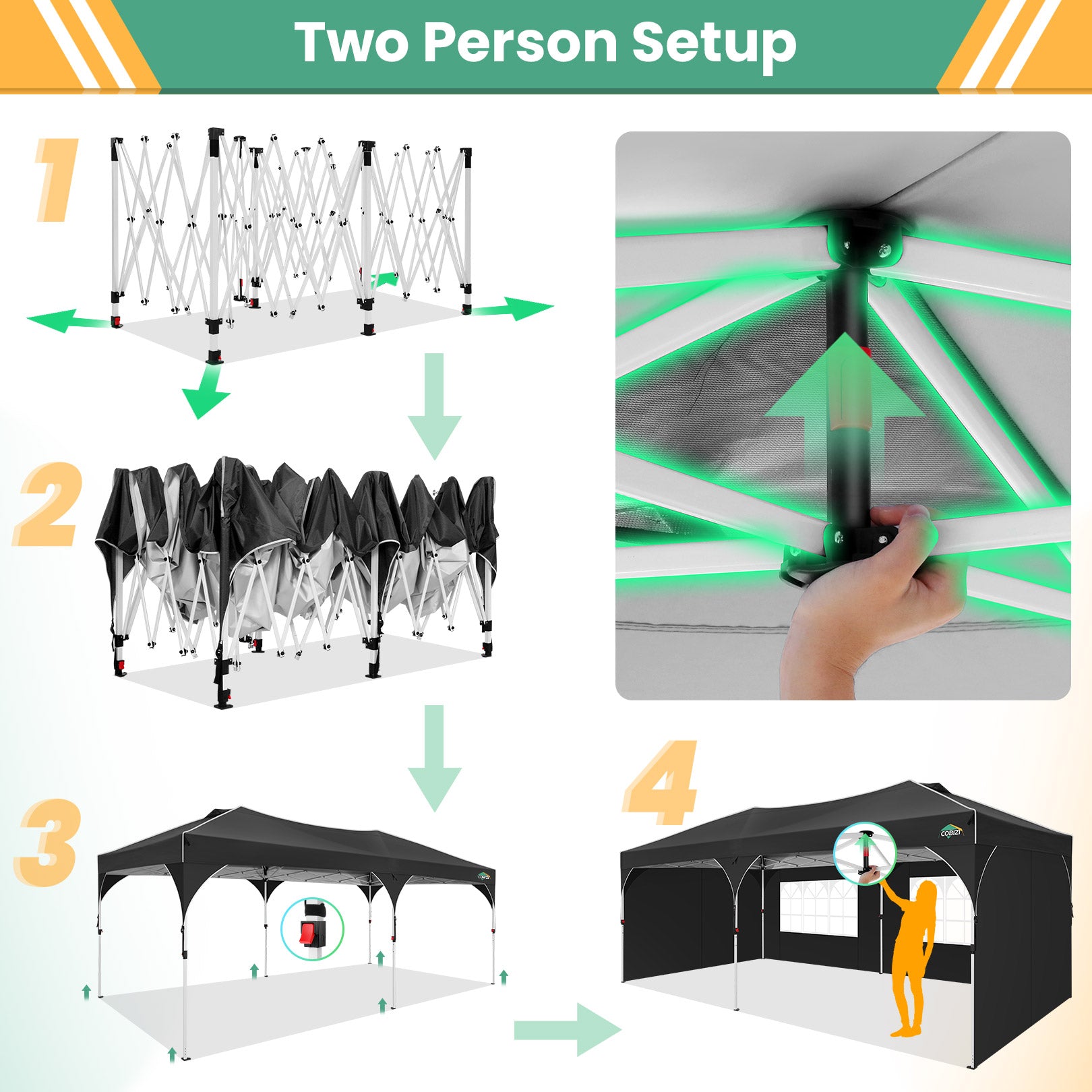 COBIZI 10'x10'/10'x20'/10'x30' Pop Up Canopy Tent with 4 Sidewalls, One-Push Center Lock, UPF 50+ Waterproof Easy Up Gazebo,Outdoor Sun Shelte SPC000142x