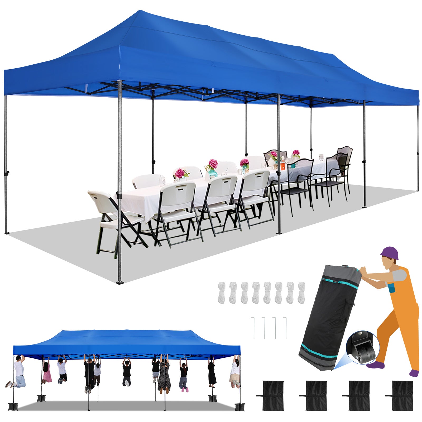 HOTEEL 10x30 Pop Up Canopy, Heavy Duty Canopy UPF 50+ All Season Wind Waterproof Commercial Outdoor Wedding Party Tents Gazebo with Roller Bag, Dark Blue