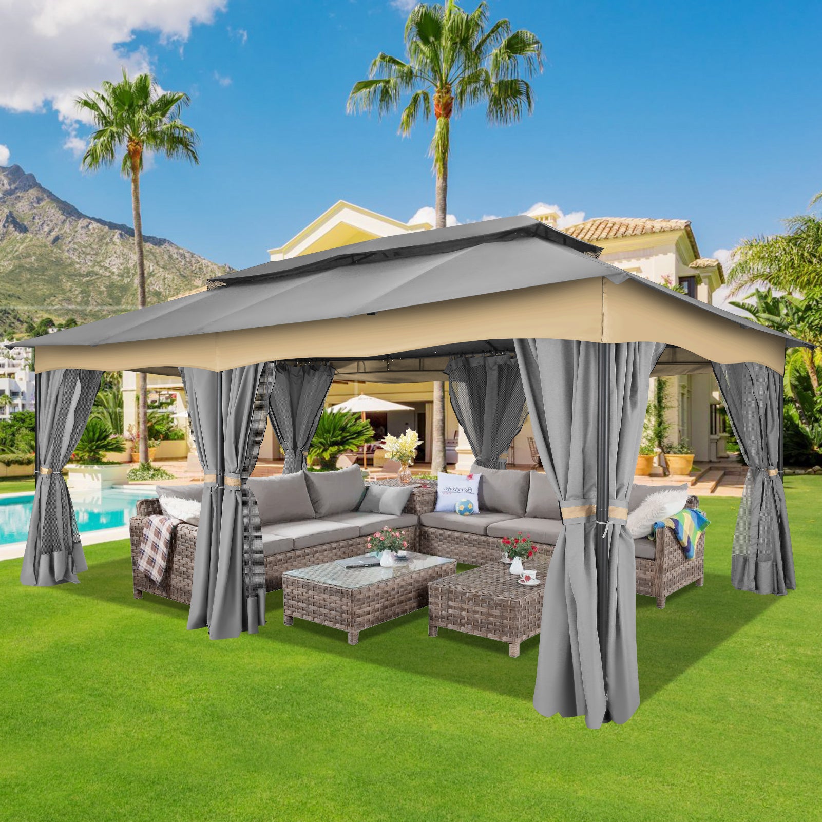 COBIZI 12'x20' Patios Gazebos with 4 Sidewalls & Double Soft Roof, Khaki SPC307