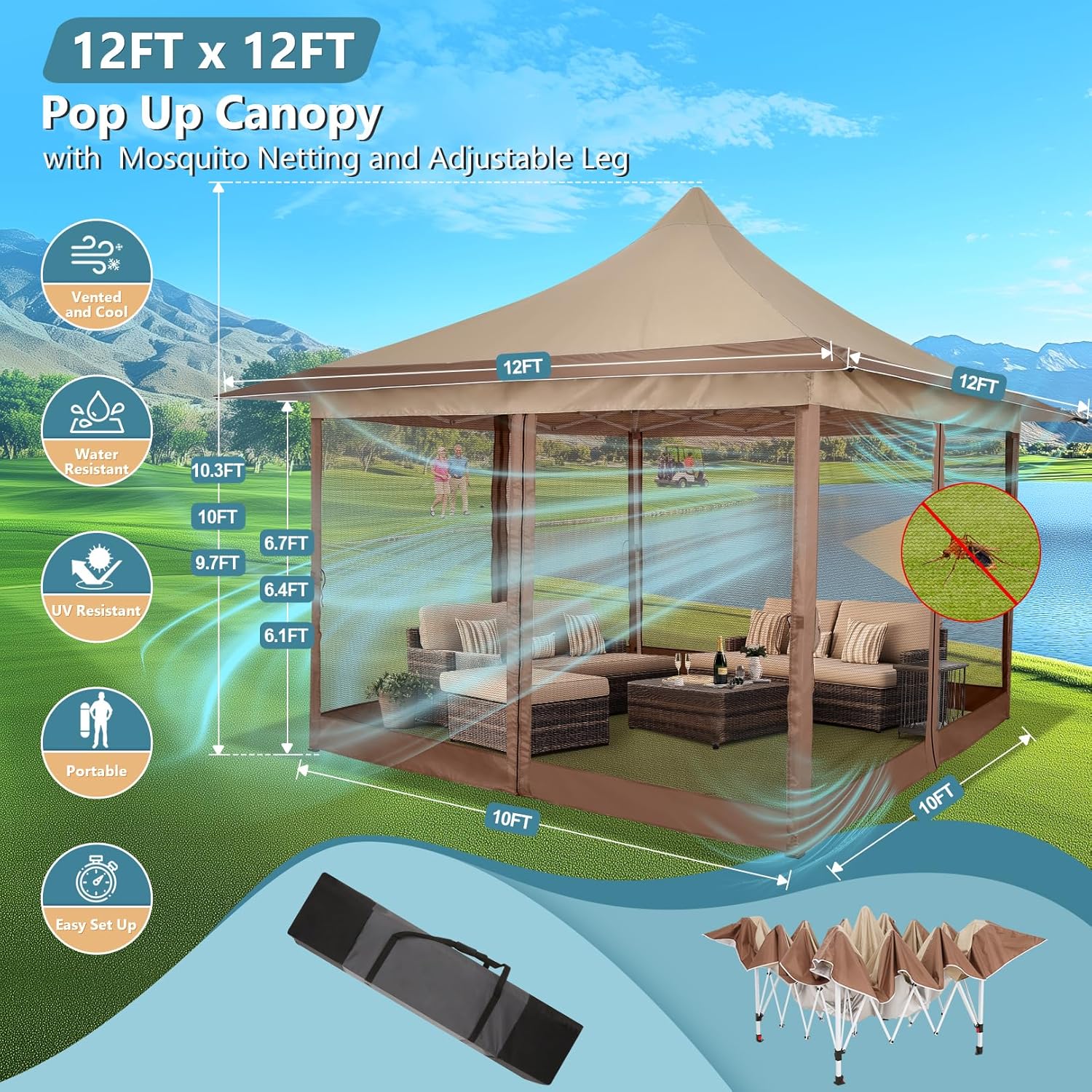 COBIZI 12'x12' Pop-up Gazebo, Durable Gazing Pavilion with Mosquito Netting SPC149