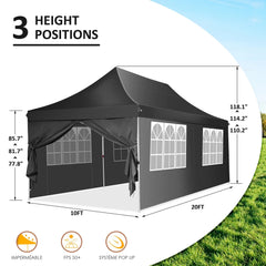 HOTEEL 10'x20' Pop up Canopy Tent with 6 Removable Sidewalls, Instant Outdoor Canopy Shelter with Upgrade Raised Roof and Carry Bag,Black