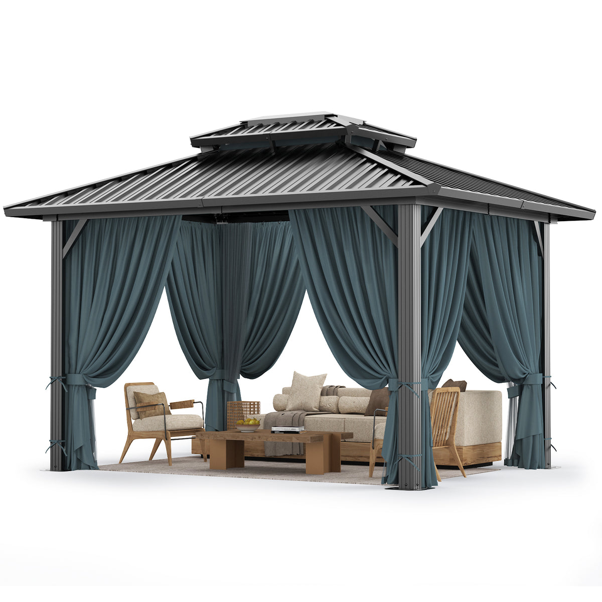 HOTEEL 10x12 Hardtop Gazebo Aluminum Gazebos with Galvanized Steel Double Roof Metal Gazebo with Curtains and Netting Permanent Hardtop Gazebos Steel Gazebo for Backyard, Garden and Patio, Black