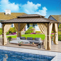 HOTEEL 10'x15' Hardtop Gazebo, Outdoor Steel Double Galvanized Roof Canopy, Aluminum Frame Permanent Pavilion Metal Gazebo with Curtains and Nettings, Sunshade for Patios, Gardens, Lawns, Black