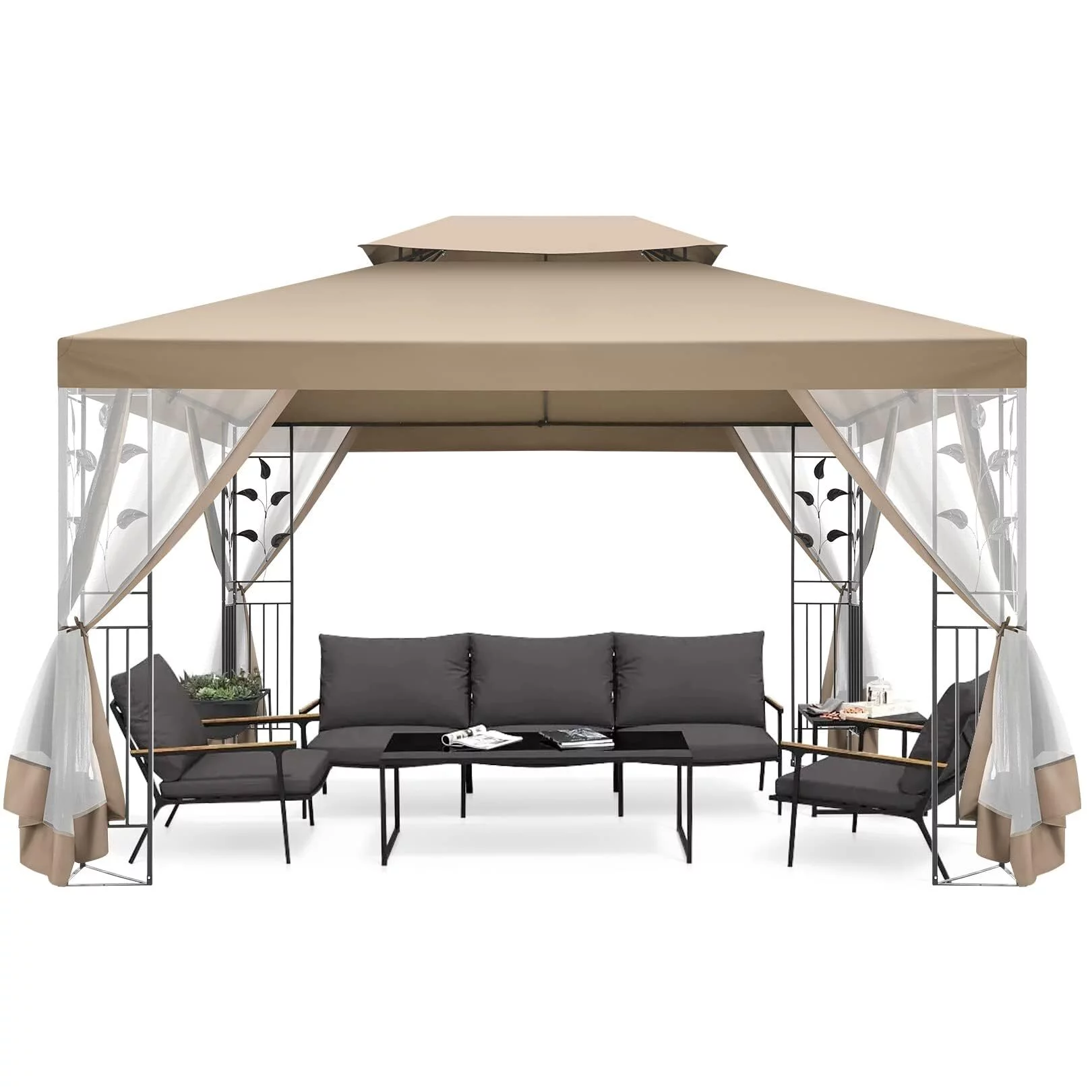 COBIZI 10' x 13' Pop Up Gazebo, Outdoor Steel Double Roof Canopy, Metal Frame Pavilion with Mosquito Netting, Sunshade for Garden, Patio, Lawns, Gray