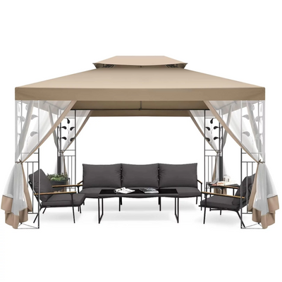 COBIZI 10' x 13' Pop Up Gazebo, Outdoor Steel Double Roof Canopy, Metal Frame Pavilion with Mosquito Netting, Sunshade for Garden, Patio, Lawns, Gray