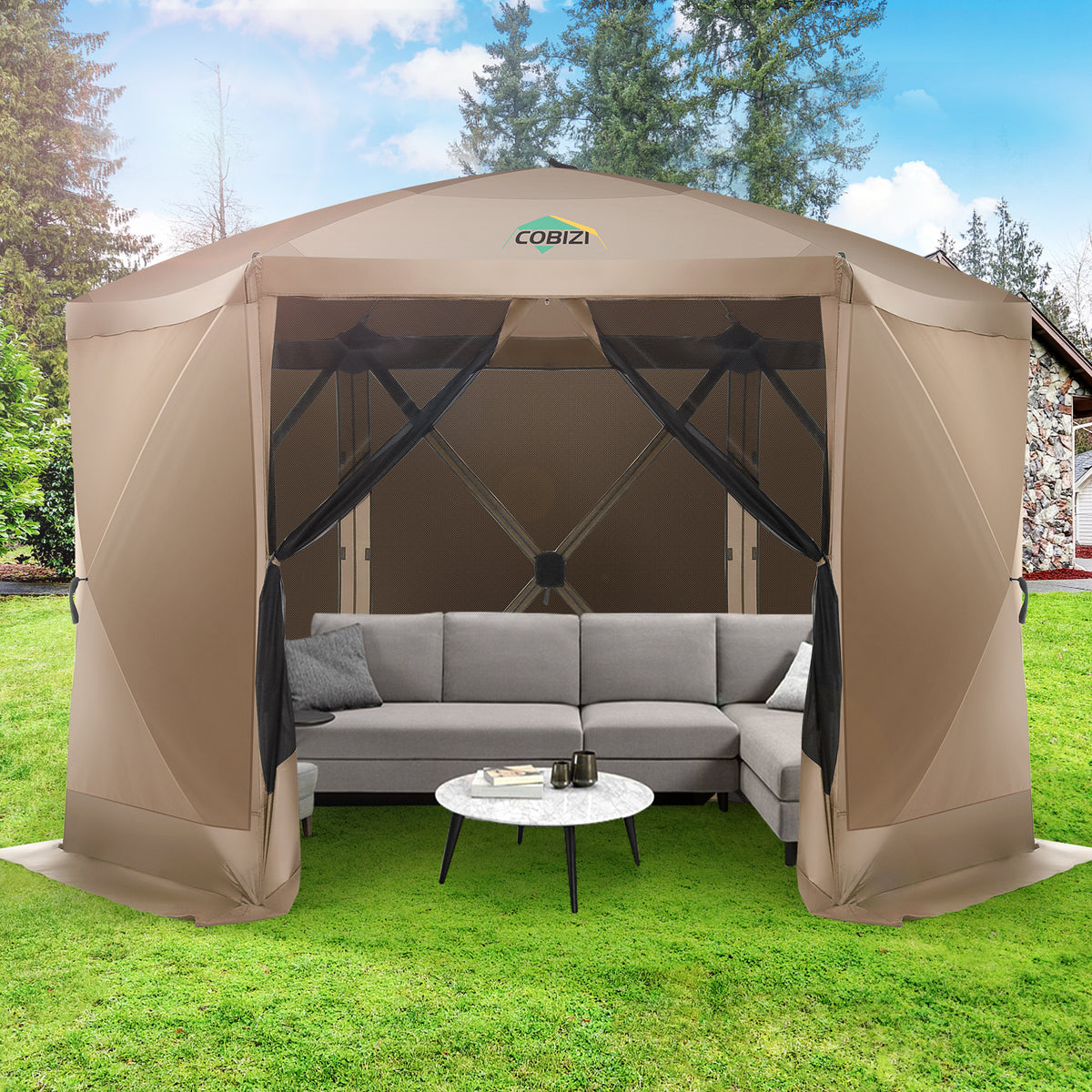 HOTEEL 12x12 Outdoor Pop Up Gazebo Tents, Portable Hub Gazebo Screen Canopy Tent with 6 Mosquito Nettings, Sidewalls, Wind Panels for Shade and Rain for Lawn, Garden, Backyard & Deck, Khaki