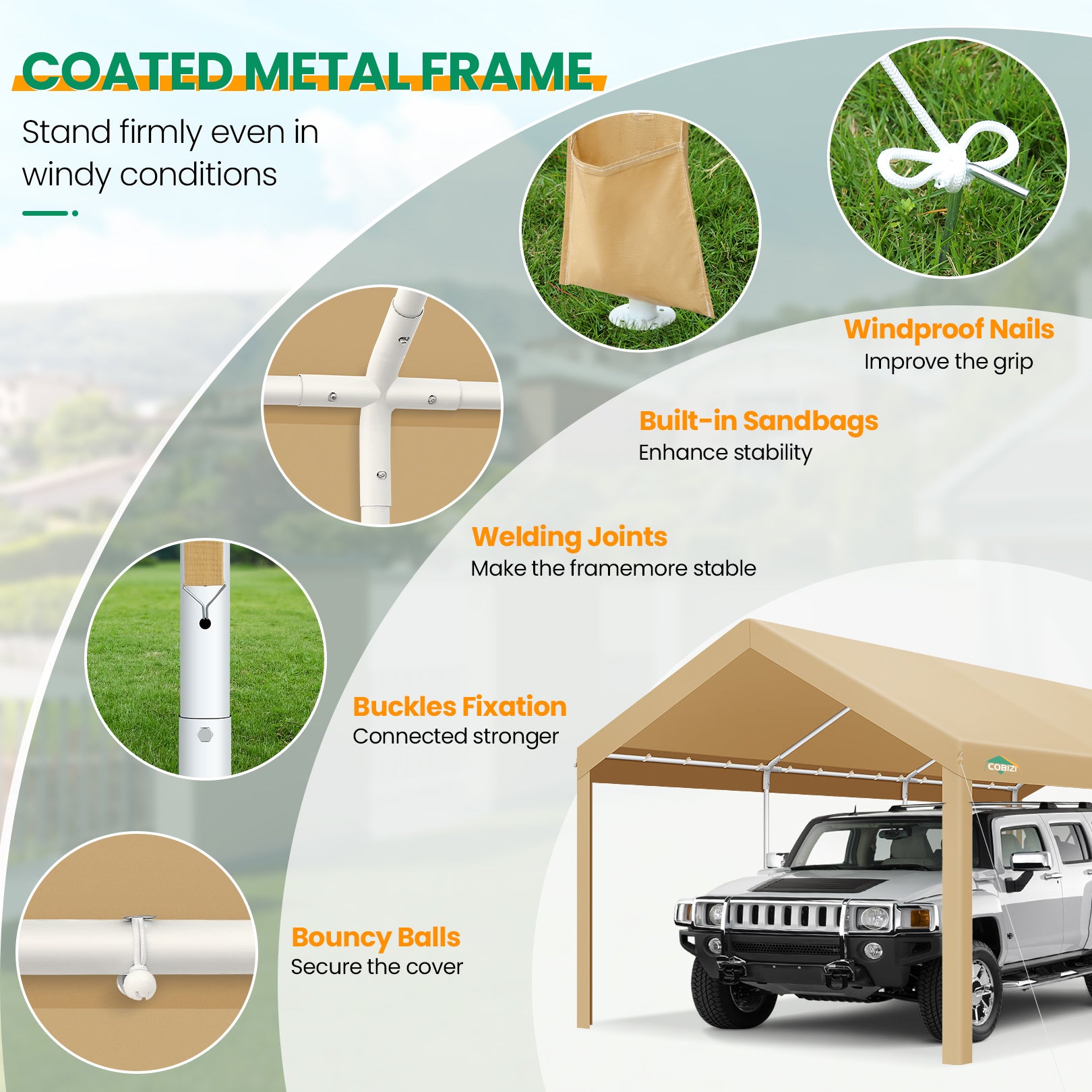 COBIZI Carport 10x20 ft Heavy Duty Car Canopy with Roll-up Windows Portable Garage with Removable Sidewalls & Door, Outdoor Canopy Carport Portable Car Tent Garage Car Canopy with Steel Frame, Gray