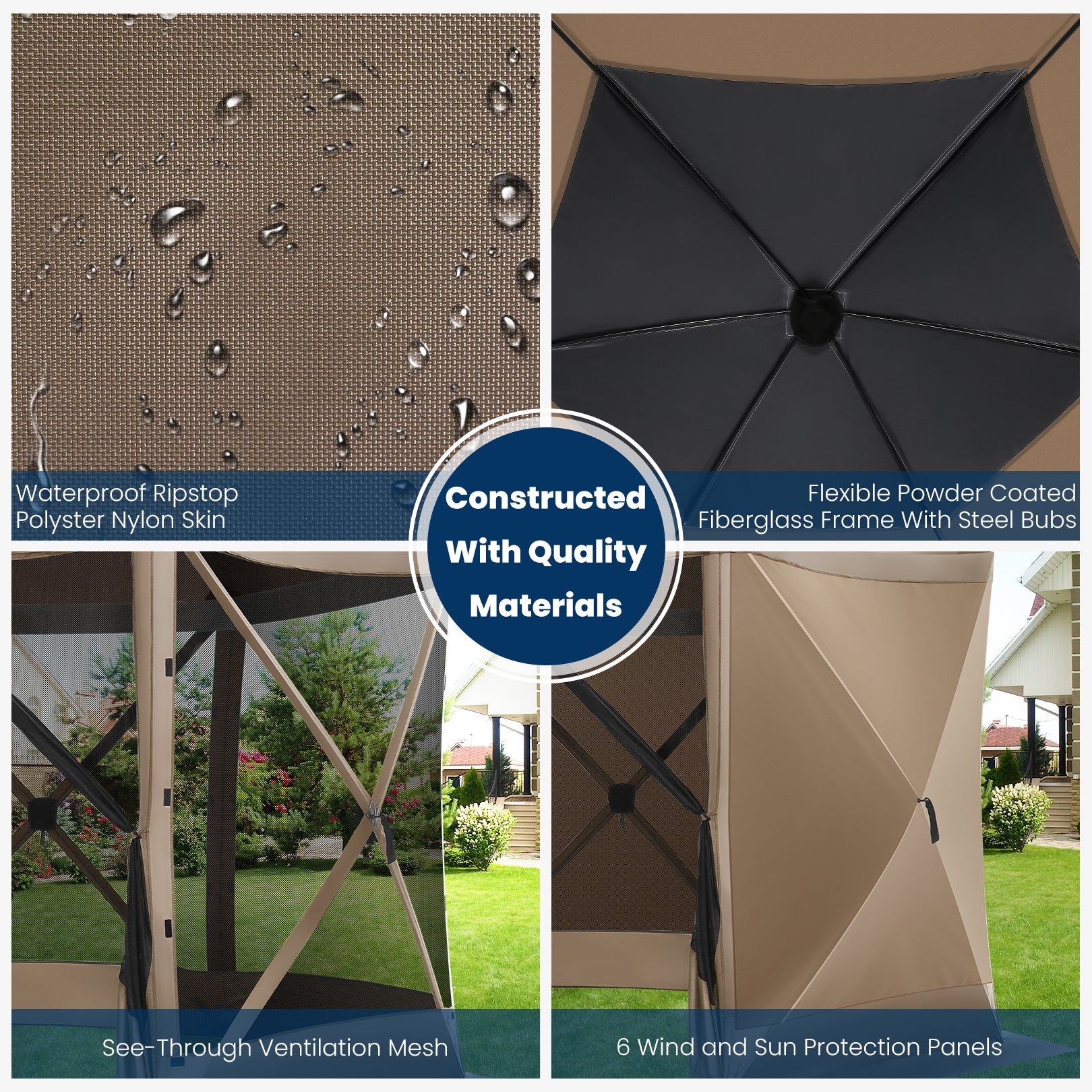 HOTEEL 12x12 Outdoor Pop Up Gazebo Tents, Portable Hub Gazebo Screen Canopy Tent with 6 Mosquito Nettings, Sidewalls, Wind Panels for Shade and Rain for Lawn, Garden, Backyard & Deck, Khaki