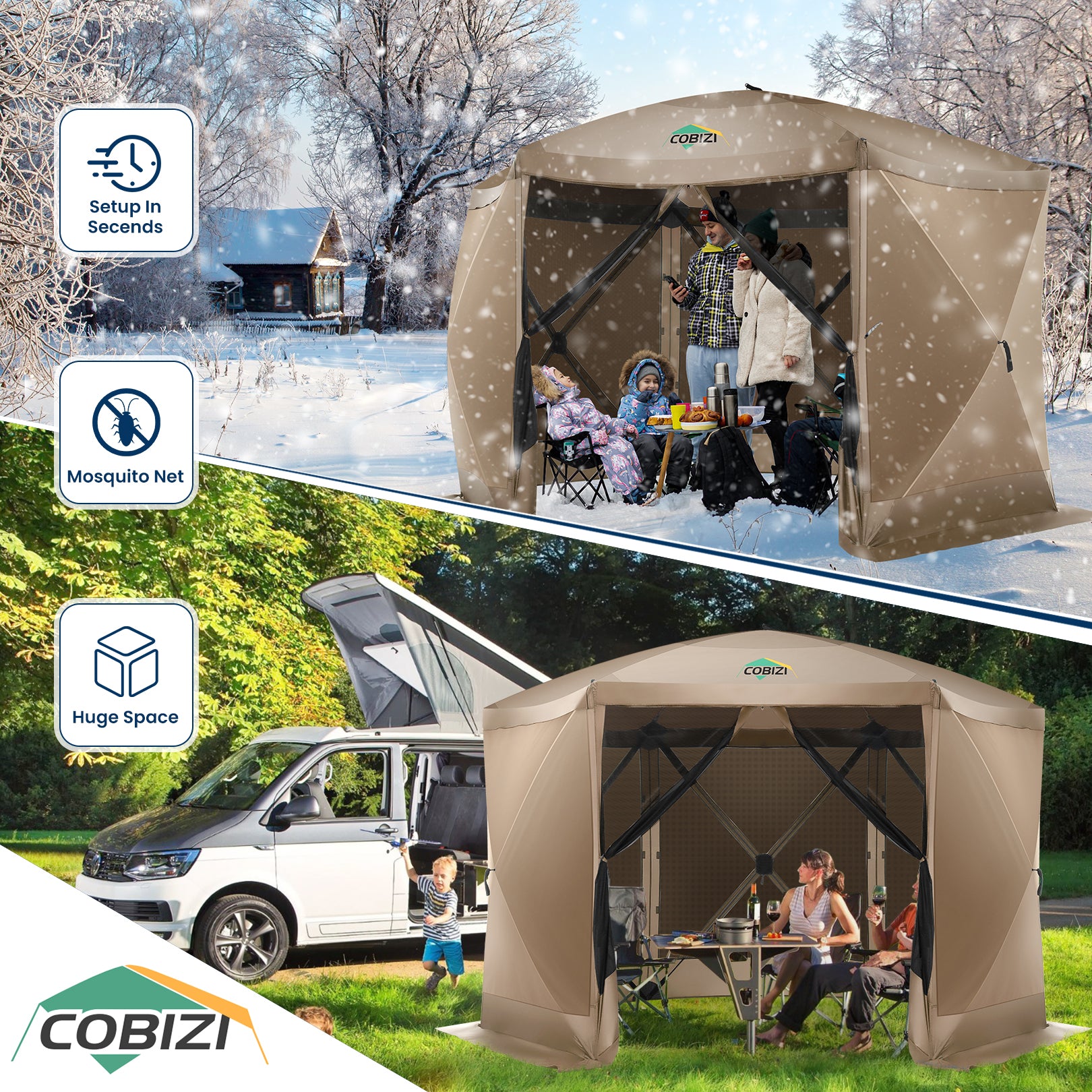 HOTEEL 12x12 Outdoor Pop Up Gazebo Tents, Portable Hub Gazebo Screen Canopy Tent with 6 Mosquito Nettings, Sidewalls, Wind Panels for Shade and Rain for Lawn, Garden, Backyard & Deck, Khaki