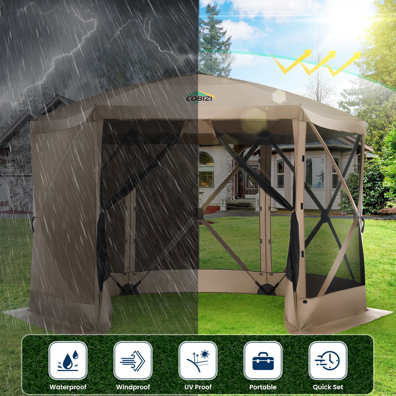 HOTEEL 12x12 Outdoor Pop Up Gazebo Tents, Portable Hub Gazebo Screen Canopy Tent with 6 Mosquito Nettings, Sidewalls, Wind Panels for Shade and Rain for Lawn, Garden, Backyard & Deck, Khaki
