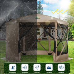 HOTEEL 12x12 Outdoor Pop Up Gazebo Tents, Portable Hub Gazebo Screen Canopy Tent with 6 Mosquito Nettings, Sidewalls, Wind Panels for Shade and Rain for Lawn, Garden, Backyard & Deck, Khaki