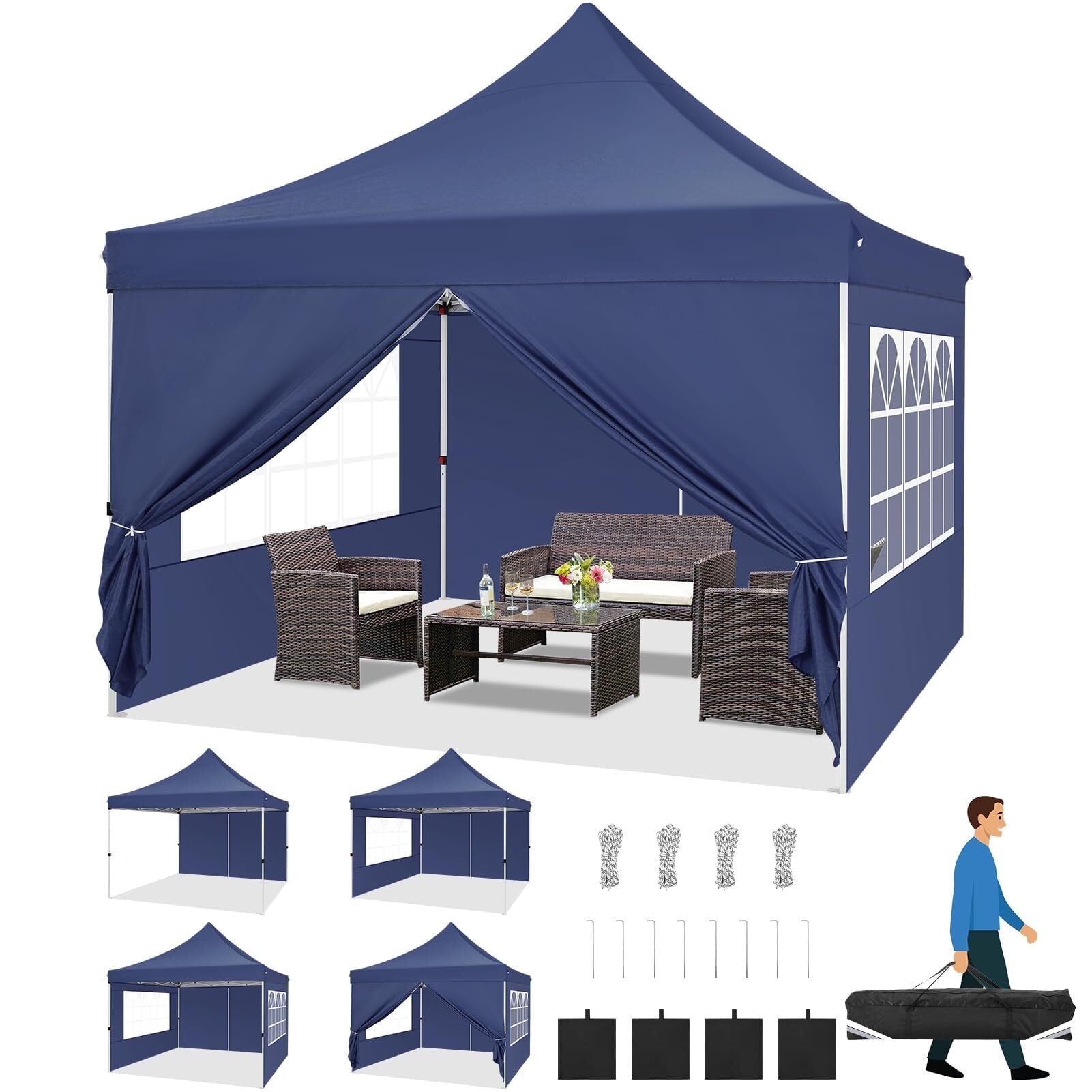 HOTEEL Pop up Canopy Tent 10x10 Commercial Instant Canopy with 4 Sidewalls & Carry Bag,Portable Tent for Parties Beach Camping Party Event Shelter Sun Shade,White