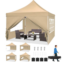 HOTEEL Pop up Canopy Tent 10x10 Commercial Instant Canopy with 4 Sidewalls & Carry Bag,Portable Tent for Parties Beach Camping Party Event Shelter Sun Shade,White