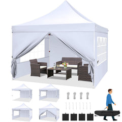 HOTEEL Pop up Canopy Tent 10x10 Commercial Instant Canopy with 4 Sidewalls & Carry Bag,Portable Tent for Parties Beach Camping Party Event Shelter Sun Shade,White