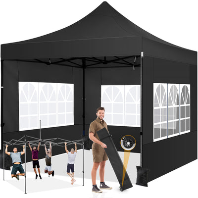 COBIZI 10x10 Heavy Duty Canopy Tent with 4 Sidewalls,Pop up Commercial Gazebo, Waterproof Outdoor Tents with Roller Bag, Black