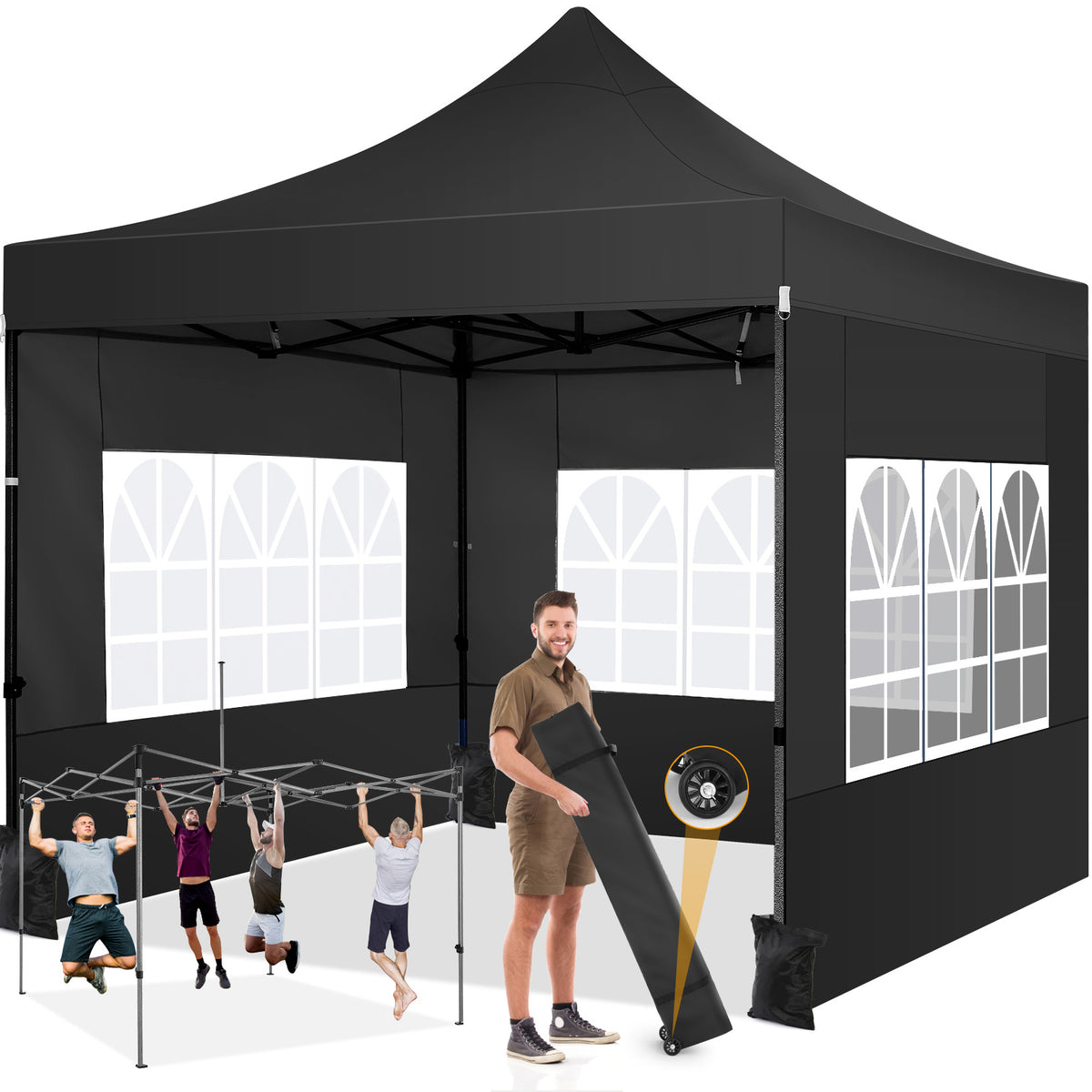 COBIZI 10x10 Heavy Duty Canopy Tent with 4 Sidewalls,Pop up Commercial Gazebo, Waterproof Outdoor Tents with Roller Bag, Black