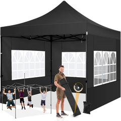 COBIZI 10x10 Heavy Duty Canopy Tent with 4 Sidewalls,Pop up Commercial Gazebo, Waterproof Outdoor Tents with Roller Bag, Black