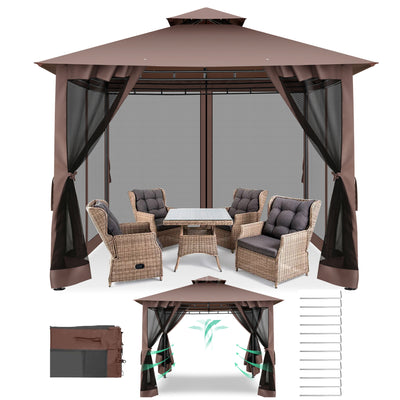 COBIZI 10'x10' Patios Gazebos with 4 Netting Sidewalls & Double Soft Roof, Khaki SPC41