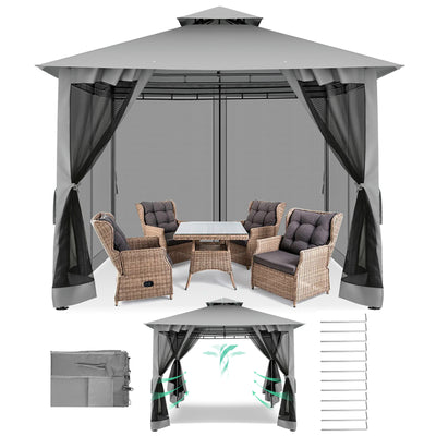 COBIZI 10'x10' Patios Gazebos with 4 Netting Sidewalls & Double Soft Roof, Khaki SPC41