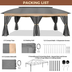 COBIZI Heavy Duty 12'x20' Metal Patio Gazebo Outdoor Gazebo Canopy Tent with 6 Mosquito Netting and Curtains Gazebos Shelter 100% Waterproof with Double Roof for Party, Backyard, Deck, Garden, Gray