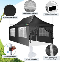 HOTEEL 10x20 Pop Up Canopy Tent with 6 Removable Sidewalls,Easy Up Commercial Canopy with Upgrade Raised Roof,Waterproof and UV50+ Gazebo with Carry Bag,Black