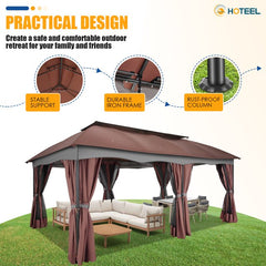 HOTEEL Gazebo 12x20 Heavy Duty Patio Gazebo with Mosquito Netting Deck Gazebo with Metal Steel Frame Large Screen Gazebo Tent Waterproof with Double Roof for Party, Backyard, Deck, Garden, Brown