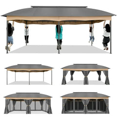 COBIZI Heavy Duty 12'x20' Metal Patio Gazebo Outdoor Gazebo Canopy Tent with 6 Mosquito Netting and Curtains Gazebos Shelter 100% Waterproof with Double Roof for Party, Backyard, Deck, Garden, Gray