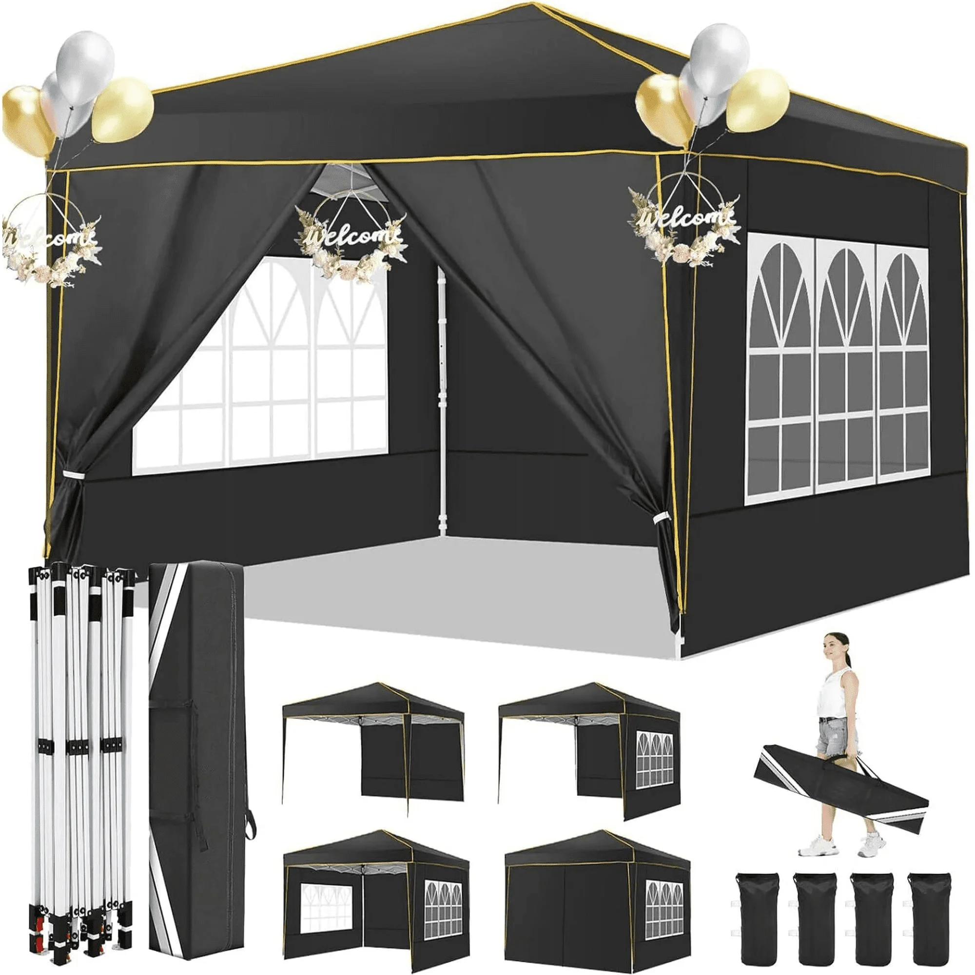 HOTEEL 10' x 10' Outdoor Canopy Party Tent EZ Pop up Canopy Portable Commercial Instant Canopy Shelter Tent Waterproof Gazebo with 4 Sidewalls & Carry Bag,Stakes & Ropes,Black